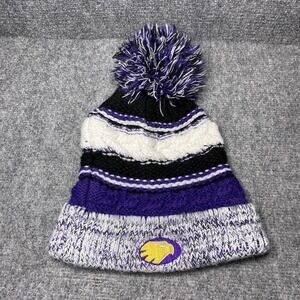 Knit Beanie Pom Hat Cuffed Mens One Size Purple Black White Striped Embroidered